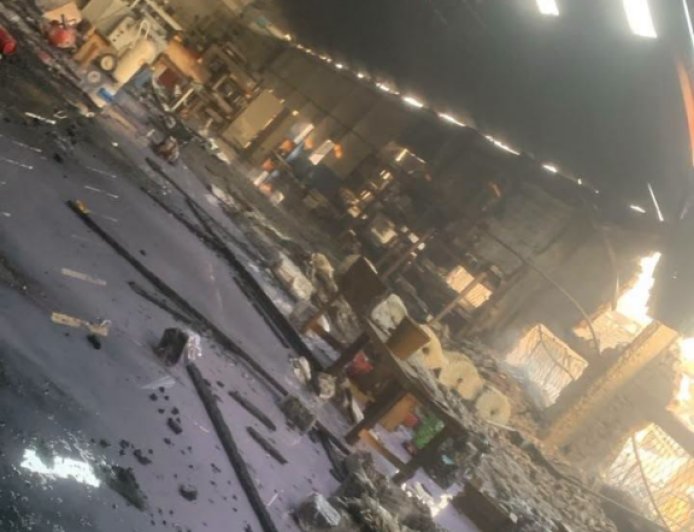 Fire Guts Warehouse Holding Rubber Products in Tema Industrial Area